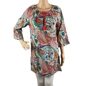 J.Crew Boho Paisley Tunic Top XS Multicolor Cotton Tassel Tie Pullover